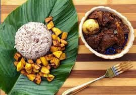 Ofada Rice & Ofada Sauce (Ayamase) served with rice and fried Plantain